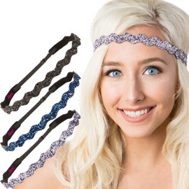 Hipsy PETITE Size, Adjustable No Slip Sparkly Bling Glitter Wave 3pk Headbands for Women Girls & Teens (Wave Black/Navy/Gunmetal)