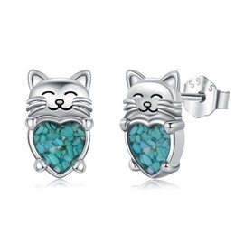 Valentine's Day Gifts Cat Earrings 925 Sterling Silver Cute Animal Kitten Stud Earrings Hypoallergenic Earrings Turquoise Cat Jewelry Christmas Gifts Stocking Stuffers for Women