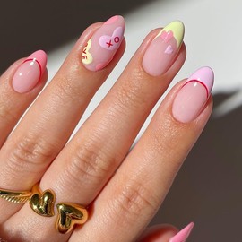 Press on Nails Medium Almond French Tip Fake Nails Full Cover False Nails with Pink French Heart-Shaped Stripes Designs Glossy Glue on Nails Acrylic Nails Manicure Artificial Nails for Women Girls