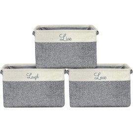 Sorbus Fabric Storage Cubes 15 Inch, 3 Pack, Grey, Jute and Cotton, Rectangular Baskets with Script Text, Foldable Storage Bins for Organizing, Decorative Baskets for Shelves