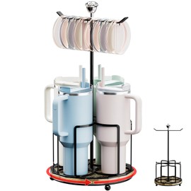 Water Bottle Organizer for 20/30/40oz Tumbler Cups: Rustic Metal Rotating Cup Organizer w/ Lid Holder&Vintage Wooden Base|Rotatable Tumbler Storage Rack for Countertop Cabinet|Saving Kitchen Space