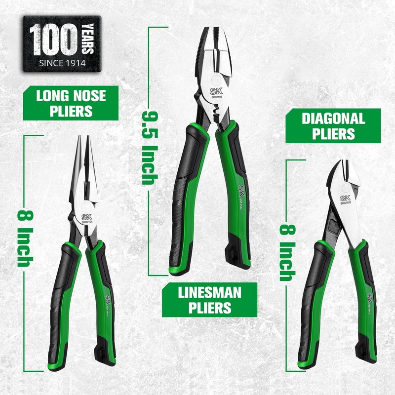 SK 3-Piece Pliers Set, 9.5-Inch Linesman, 8-Inch Diagonal & Needle