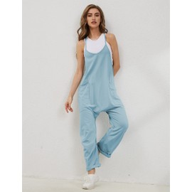 Lentta Women's Causal Jumpsuits V Neck Sleeveless Harem Overalls Stretchy Adjustable Strap Romper with Pockets(LightBlue-S)