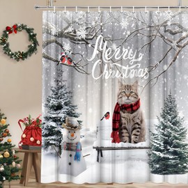 Funny Christmas Cat Shower Curtain Cute Kitten Sitting in Bench Snowman Winter Snow Pine Tree Red Bird Nature Scenery Lovely Pet Bathroom Decor Polyester Fabric Curtains with Hook 70Wx70H Inches