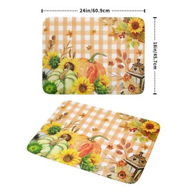 Autumn Maple Leaf Orange White Check Plaids Dish Drying Mat for Kitchen Counter,Fall Sunflower Pumpkin Drying Mat 18 x 24 Inch with Absorbent Reversible Microfiber Dish Drying Pad for Coffee Bar