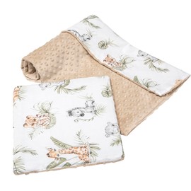 Medi Partners Baby Blanket with Pillow 100% cotton Plush Coverlet Children's Large Two-Sided 75x100 + 35x30cm Multifunctional for Bed Baby strollers (Safari with beige Plush)