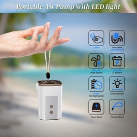 Vlinlvo Mini Portable Air Pump 4.8KPa USB Rechargeable Tiny Inflation Pump with 3600mAh Battery and Camping Light Inflate Deflate Air Pump for Pool Float,Air Mattress,Swimming Ring,Kayak,Vacuum Bag