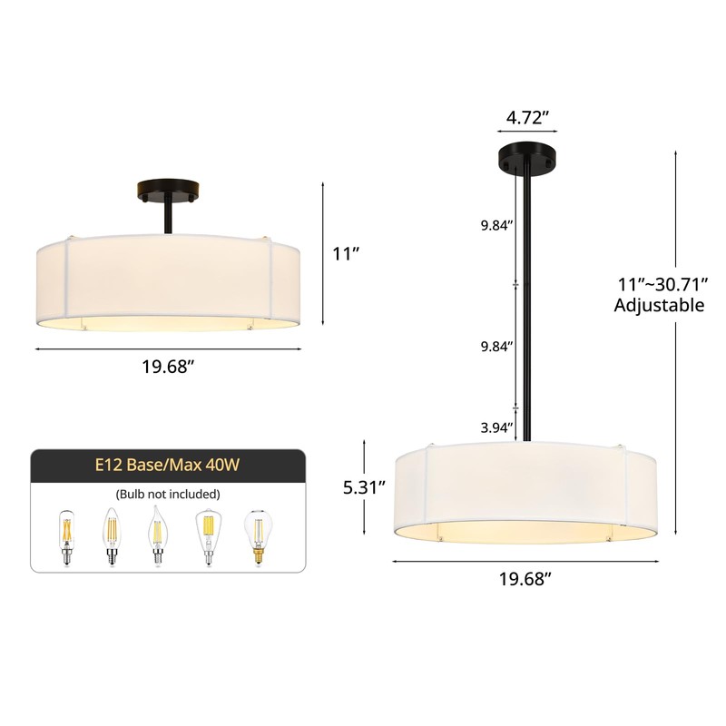PUMING 19.7" 5-Light Black Drum Chandelier with Modern White Linen