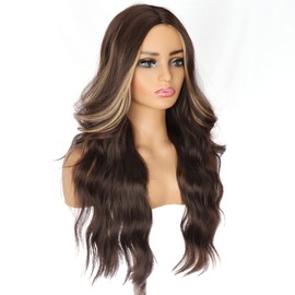 PORSMEER Long Brown Mixed Blonde Highlighted Wigs for Women,Omber Wavy Natural Looking Synthetic Heat Resistant Curly Hair Wig with Middle Part 24inch