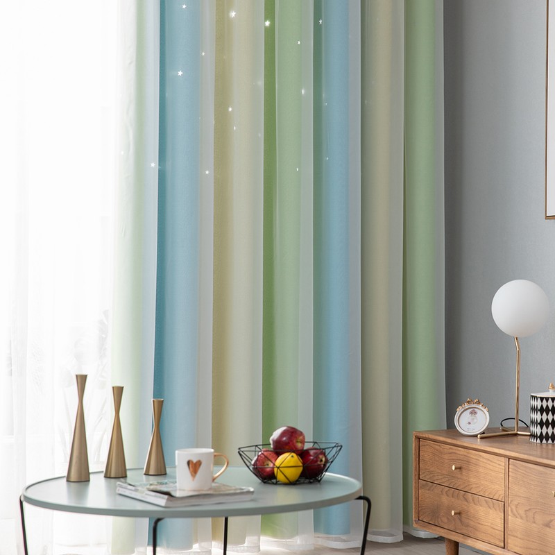 2pc Curtain Simple Gradient Hollow-out Star Pattern Double Layer Blackout