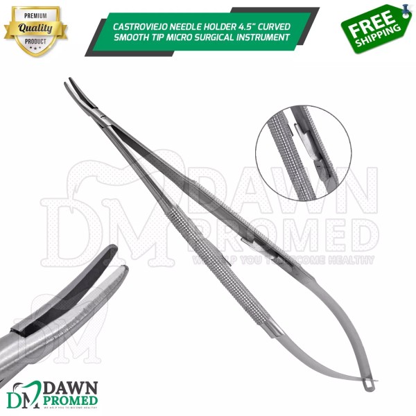 DawnProMed Castroviejo Needle Holder 4.5" Curved Smooth Tip Micro Surgical