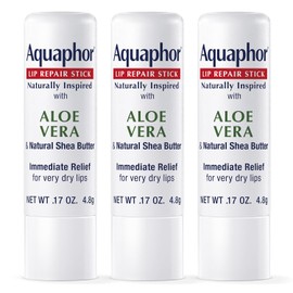 Aquaphor Barra de reparación de labios de inspiración natural con aloe vera y manteca de karité natural, bálsamo labial hidratante alivia inmediatamente la sequedad y alivia los labios agrietados, barra de 0.17 onzas, paquete de 3