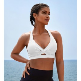 Push Up Sports Bras for Women - Medium Support Twist Front Cropped Workout Tops Racerback Yoga Bra with Removeable Pads, White, XL