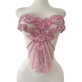 Jpumley.pksn Pure Handmade Bodice lace Rhinestones Applique Sewing Stones Beads Crystal Trimming Patches Accessories for Weding Dress Decorations 16X13.7inches (Pink)