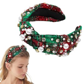 Christmas Headband for Women,White Pearl Rhinestone Crystal Beaded Knotted Headband Jeweled Wide Top Knot Hairband