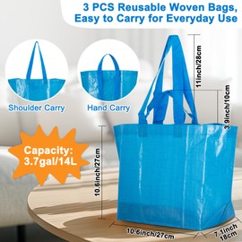 RAINFLOW Reusable Grocery Bags - 3 Pcs Blue Grocery Shopping Bags Reusable Woven Polypropylene Shopping Bags With Handles Foldable Waterproof Plastic Grocery Tote Shopping Bag For Shopping Storage
