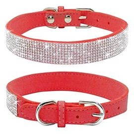 Haoyueer Rhinestone Dog Collar, Cute Dazzling Sparkling Soft Suede Leather Dog Cat Rhinestone Collar Crystal Diamond Pet Dog Puppy Collar(Red,S)