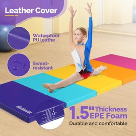 Matladin Folding Gymnastics Gym Exercise Aerobics Mat, 1.5" Thick Folding Exercise Mat, Easy to Clean PU Leather Tumbling Mats for Stretching Yoga Cheerleading Martial Arts, Kid Play (Bright