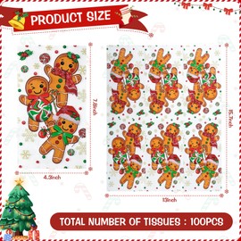 100Pcs Gingerbread Candy Cane Guest Napkins Christmas Holiday Holly Paper Dinner Napkins Xmas Ball Winter Snowflake Bathroom Hand Towels for Birthday Baby Shower Home Party Decor