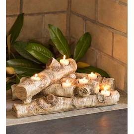Plow & Hearth Faux Birch Wood Resin Logs Candle Holder for Fireplace | Romantic Ambiance Without Heat or Mess | Holds 8 Tea Lights| Realistic Sculpted Logs | 18" L x 10.5" W x 8" H (Birch)