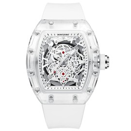 KIMSDUN-Stylish Skeleton Sport Watches, Waterproof, Analog Quartz Date Calendar Wristwatch, Transparent Tonneau Case Casual Watch, Silicone Strap for Men Unisex