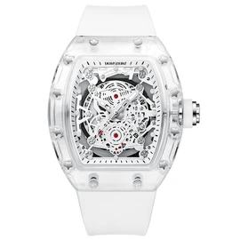 KIMSDUN-Stylish Skeleton Sport Watches, Waterproof, Analog Quartz Date Calendar Wristwatch, Transparent Tonneau Case Casual Watch, Silicone Strap for Men Unisex