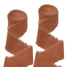 URROMA Cotton Linen Ribbon, 2 Rolls Dark Orange Fringe Frayed Edges Fabric Cloth for Wedding Invitations, Bridal Bouquets, Gift Wrapping