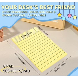 (8 Pads) Agoer Lined Sticky Notes 4x6 in, Light Yellow Self-Stick Notes Pad with Blue Lines, Ruled Sticky Notes for Office, School, Home, 50 Sheets/Pad, 80gsm Paper, Strong Adhesive Memo Pads