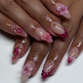 24Pcs Flower Press on Nails Medium Almond Fake Nails 3D Floral with Gold Rhinestones Designs Glue on Nail Spring Stick on Nails Pink French Tip False Nails for Women Girls