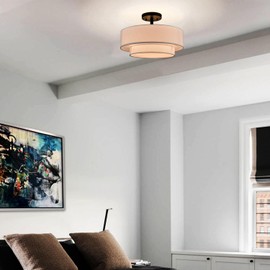 DIRYZON 3-Light Semi Flush Ceiling Light, Modern Fabric Ceiling Lighting Fixture,Black 2 Tier Drum Ceiling Light for Living Room Bedroom Hallway