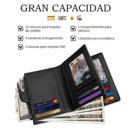 Cartera para Mujer Pequeña, Tarjetero con Bloqueo RFID, Monedero con Cremallera para Dinero en Efectivo y Tarjetas de Crédito, 4 Ventana de Identificación Extraíble, Regalos para Mujer(Negro)