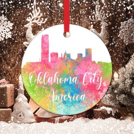 America Oklahoma City Skyline Christmas Ornament 2022 America Oklahoma City Watercolor Art Christmas Ornaments for Kids Colorful City Landscape Christmas Stocking Filling Ceramic Ornament