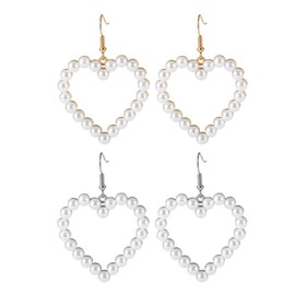 MALOYANVE 2 Pairs Pearl Heart Dangle Earrings Love Heart Earrings Vintage Gold Silver Plated Pearl Hoop Studs Circle Beaded Earrings for Holiday Valentine Wedding or Daily Wear (2 Pairs Pearl Heart)