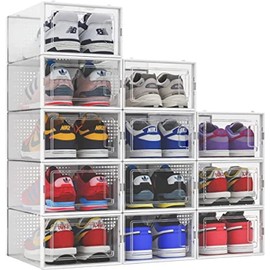 Seseno 12 Pack Shoe Organizer Storage Bins Clear Plastic Stackable Shoe Boxes for Closet, Space Saving Foldable Shoe Storage Case, Sneaker Storage Shoe Box Container