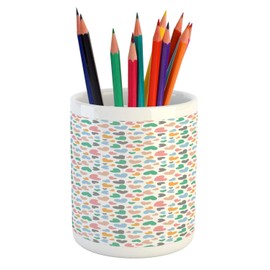 Ambesonne Valentine's Day Pencil Pen Holder, Romantic Theme Colorful Dotted Heart Motifs Image on Plain Background, Ceramic Pencil Holder for Desk Office Accessory, 3.6" X 3.2", White Multicolor