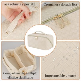 Cosmetiquera de Viaje de Gran Capacidad - Bolsa de Maquillaje de Cuero PU Impermeable con Asa y Separadores, Bolsa Organizadora de Cosmeticos, Neceser de Viaje para Mujer Portátil (Blanco)
