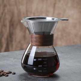 BeeCa Pour Over Coffee Maker Set, Single-Serve Coffee Essential, Reusable Stainless Steel Filter + Heat-Resistant Glass Carafe, Stylish Wood Collar, 1-2 Cup Portable & Easy Clean
