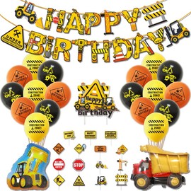 Construction Birthday Party Balloons Supplies, 39pcs Excavator Foil Balloons Construction Cupcake Toppers Construction Signs Construction Happy Birthday Banners for Birthday Party Decorations