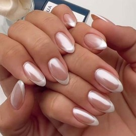 YOSOMMK French Tip Chrome Short Press on Nails Almond Medium Fake Nails with Mirror Designs Glossy Glue on Acrylic Nails Nude Full Cover False Nails for Women
