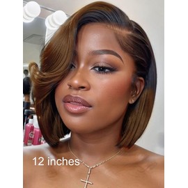 UNICE 12 inch Ombre Chestnut Brown Short Bob Wig human Hair Side Part with Blow Out Bangs 7x5 Lace Front Glueless Wigs Human Hair Pre Plucked Pre Cut Bleached Knots Ready to Wear Wig
