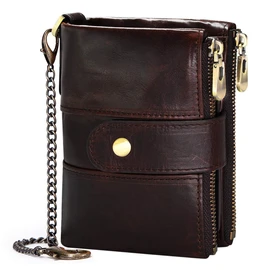 Leather Mens Wallet RFID Blocking Soft Genuine Gents Wallet with Chain, Double Zipper Men Leather Wallets with Coin Pocket Small Mens Bifold Wallets 16 Card Holder (Coffee)