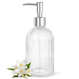 Topsky Stripe Glass Soap Dispenser with Plastic Pump, 400ml Liquid Hand Soap Dispenser, Rustproof Pump for Kitchen & Bathroom, Great for Lotions, Essential Oil, Liquid Soaps,Transparent