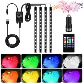 Haofy Luz Interior Coche, 4 Piezas 48 LED Lámpara de Neón Luz de Tira Multicolor Coche de Música, con Función Activa de Sonido y Control Remoto y Puertos USB y Cargador de Automóvil