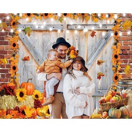 Fall Rustic Barn Door Backdrop 10x8ft Autumn Pumpkin Thanksgiving Photo Background Fabric Photography Background Fall Birthday Baby Shower Decorations Studio Photo Booth Props