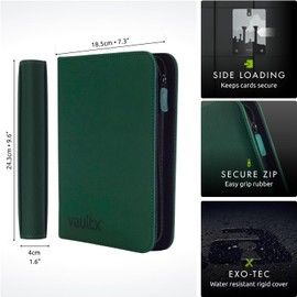 Vault X Álbum Exo-Tec con Cremallera, para 160 Cartas Coleccionables, 4 Bolsillos, 20 Páginas de Carga Lateral (Verde)