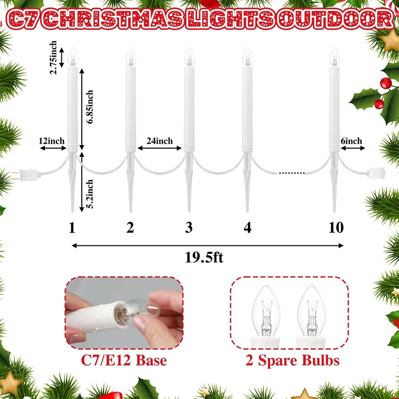 Tujoe 10 Pcs Christmas C7 Pathway Lights Outdoor Candle Lights