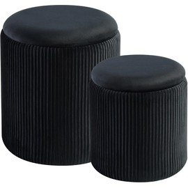Round Ottoman with Storage Set of 2-Upholstered Sherpa Vanity Stool for Makeup Multifunctional Ottomans Coffee Table Padded Seat Foot Rest for Living Room&Bedroom(Sherpa, Black)