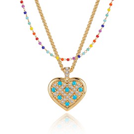 Valloey Rover Layered Necklaces for Women,Dainty 14K Gold Plated CZ Heart Pendant Necklace Cute Boho Beaded Colorful Choker Layering Necklaces Charm Gold Beach Summer Necklace Jewelry Set Gifts for Women