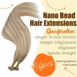 Ugeat 18inch Nano Ring Beads Human Hair Extensions Nano Tip Hair P18/613 Highlight Blonde Natural Human Hair Extensions 0.8g/strand 40g/pack Nano Ring Hair Extensions Human Hair