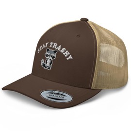 RIVEMUG NG Stay Trashy Embroidered Curved Bill Trucker Hat Mid Crown Adjustable Racoon Cap Brown/Khaki